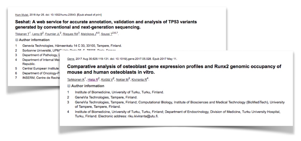 Examples of research papers co-authored with bioinformatics experts from Genevia Technologies.