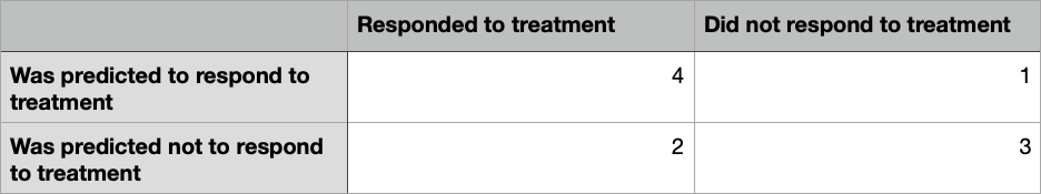 Confusion matrix for evaluating a treatment response prediction model.