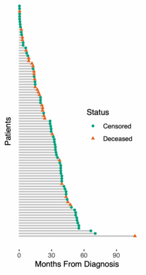Cancer survival data illustrating death events and right-censored patients for machine learning analysis.